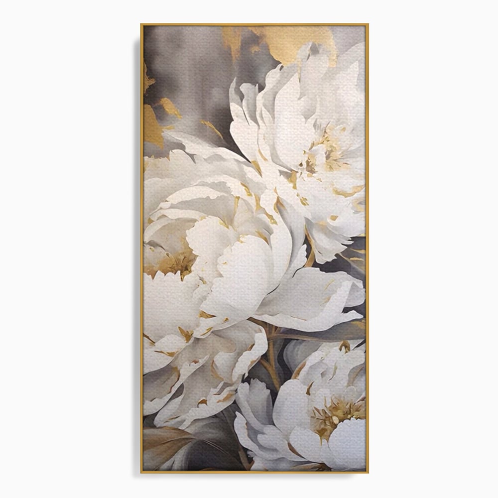 Tablou canvas cu pictura cu bujori albi si accente aurii, in rama de aluminiu auriu